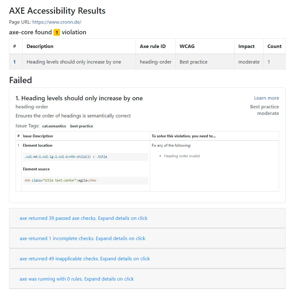 Ergebnisse des Barrierefreiheitstests als HTML-formatierter Report