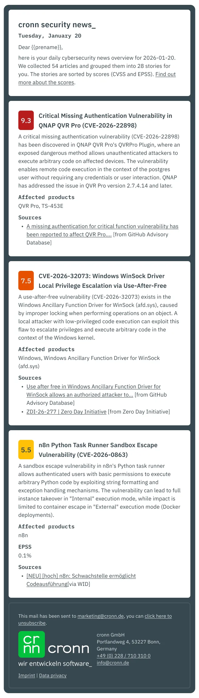 Ein Screenshot einer Mail des Newsletters als Beispiel. Der Inhalt (auf Englisch) sind drei beispielhafte Stories, die vor Bedrohungen warnen. Jeweils mit Headline, einer Zusammenfassung, dem CVSS-Wert, einer Liste betroffener Produkte und einer Linkliste mit Quellen und teilweise einem EPSS-Wert. Die Stories sind absteigend nach CVSS-Wert sortiert.