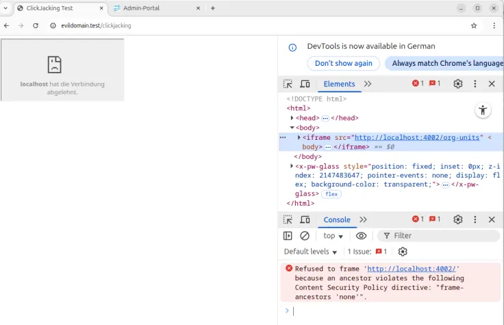 Screenshot des Browsers in dem die bösartige Clickjacking-Domain geöffnet ist. Das Dev-Tool ist geöffnet und zeigt folgende Fehlermeldung: Refused to frame „http://localhost:4002/ because an ancestor violates the following Content Security Policy directive: frame-ancestors none. (Backticks und Code-Anführungszeichen wurden in diesem Alternativtext aus technischen Gründen entfernt, um der HTML-Syntax im CMS Genüge zu tun .)