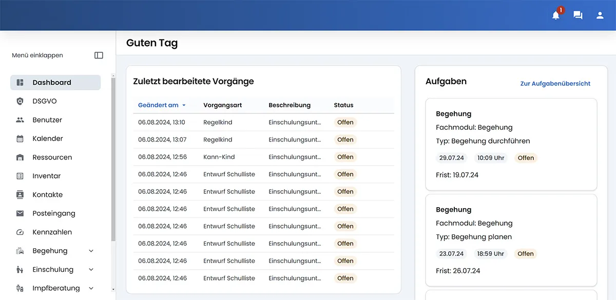 Screenshot der Benutzeroberfläche “Zuletzt bearbeitete Vorgänge”.