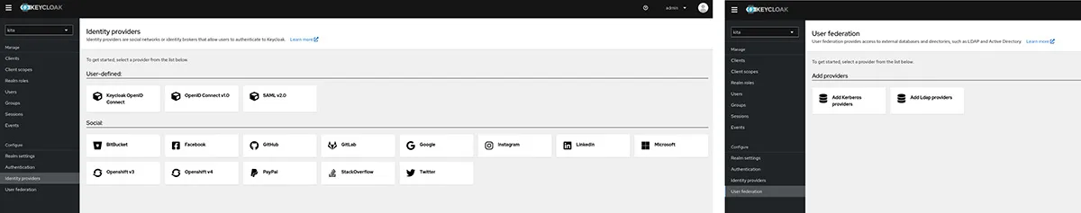Screenshots der Administrationsoberflächen für Social Login und User Federation.